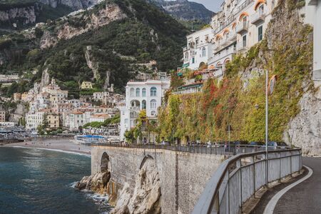 Amalfi cityscape on coast line of mediterranean sea, traveling in Italyの写真素材