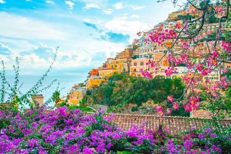 Beautiful colorful houses on a mountain in Positano, a town on Amalfi coast, Italyの写真素材