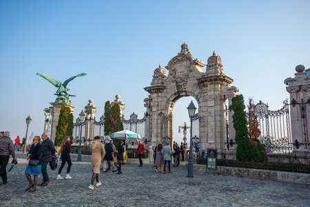 Budapest, Hungary - November 11, 2018: stone gate and fence Buda royal castle Budapest, travel