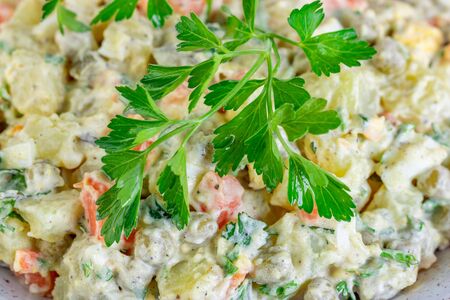 The vinaigrette of various boiled vegetables in the plate, textureの写真素材
