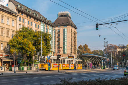 Budapest, Hungary - November 10, 2018: Beautiful view of historic city of Budapest, people and trasportationのeditorial素材