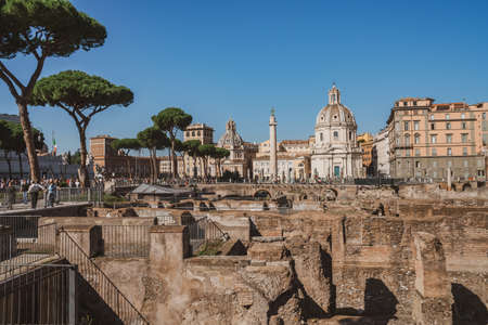 Rome, Italy - 27 October, 2019: Trajan's Forum with Trajan's column and Basilica Ulpia. Rome. Travelのeditorial素材