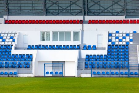 blue and white rows of seats on the stadium, sportの写真素材