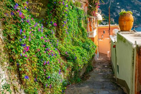 Typical narrow street and colorful houses in city of Positano, Amalfi coast, Italyの写真素材