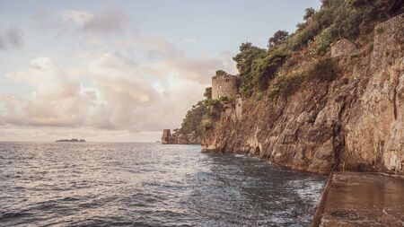 Positano beach with a old tower in the background, travelの写真素材