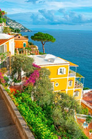 beautiful view of the coast of Positano, Amalfi Coast, Mediterranean Sea, travel to Italyの写真素材