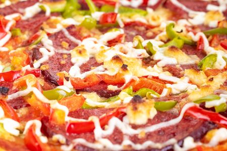 Homemade pizza with vegetables, salami and mayonnaise, close-upの写真素材