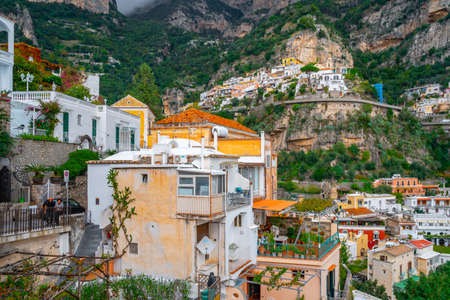 Positano, Italy - 2 November, 2019: Typical narrow street and colorful houses in city of Positano, Amalfi coastのeditorial素材