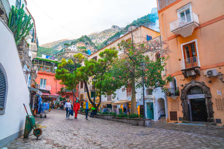 Positano, Italy - 2 November, 2019: Typical narrow street and colorful houses in city of Positano, Amalfi coastのeditorial素材