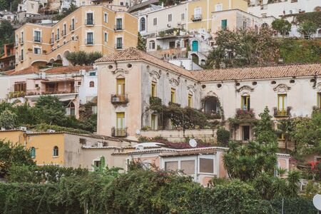 Beautiful colorful houses on a mountain in Positano, a town on Amalfi coast, Italyの写真素材