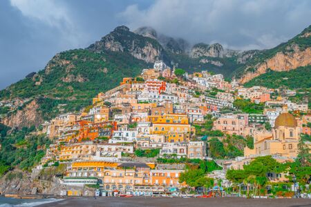 Beautiful colorful houses on a mountain in Positano, a town on Amalfi coast, Italyの写真素材