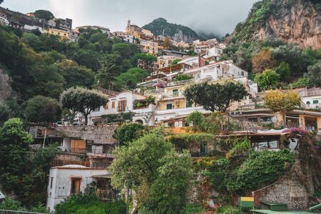 Beautiful colorful houses on a mountain in Positano, a town on Amalfi coast, Italyの写真素材