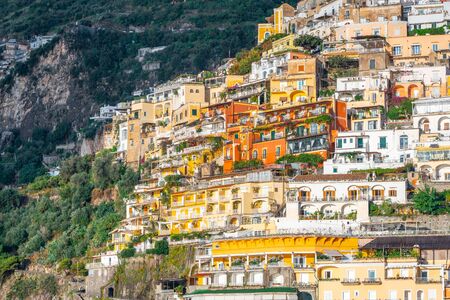 Beautiful colorful houses on a mountain in Positano, a town on Amalfi coast, Italyの写真素材