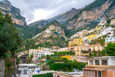 Beautiful colorful houses on a mountain in Positano, a town on Amalfi coast, Italyの写真素材