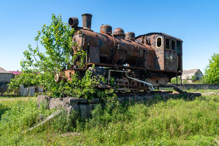Poti, Georgia - 31 May, 2020: Old Soviet engine of train used as a monument in Poti, Georgia