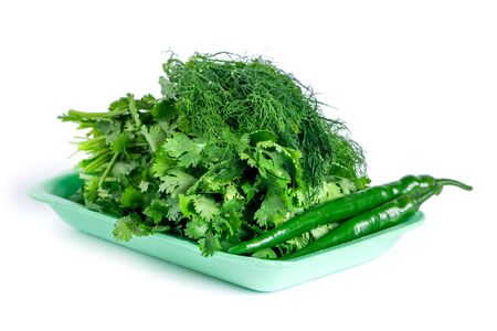 fresh coriander and other vegetables isolated on white background, fresh vegetableの写真素材