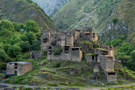 Old Fortress in mountain village Shatili, ruins of medieval castle in Georgia. Heritage of...