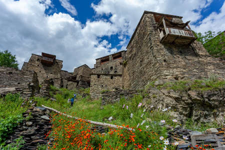 Old Fortress in mountain village Shatili, ruins of medieval castle in Georgia. Heritage of traditional architectureの写真素材