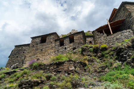 Ruined medieval village and fortress Mutso. Khevsureti Region, Georgia, Caucasus