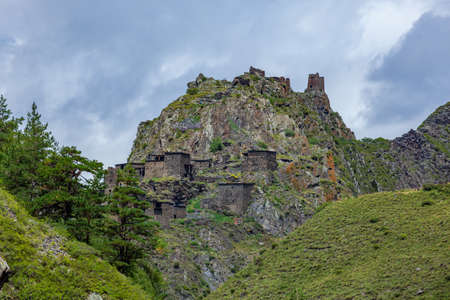 Ruined medieval village and fortress Mutso. Khevsureti Region, Georgia, Caucasusの写真素材