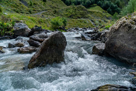 The mountain river Argun in Upper Khevsureti, Georgia. Travel