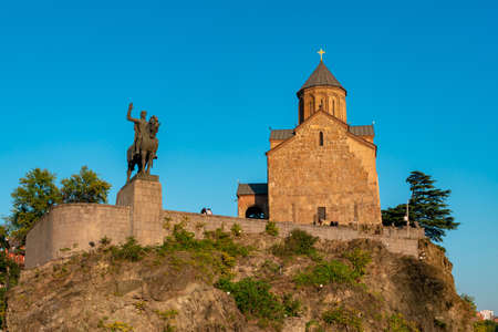 Metekhi Church and monument of King Vakhtang I Gorgasali, Tbilisiの写真素材