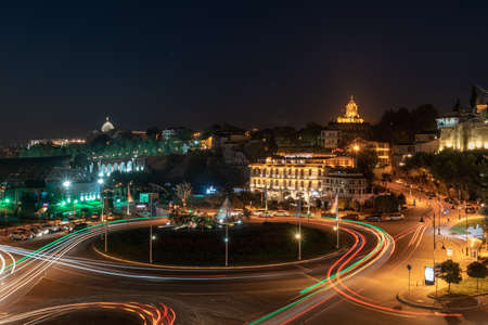 Tbilisi, Georgia - 14 October, 2020: Beautiful view of night Tbilisi, Orthdox church Sameba. Rike,...