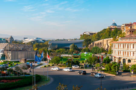 Tbilisi, Georgia - 14 October, 2020: Europe square and Holy trinity Sameba church in the background. Tbilisi. Travelのeditorial素材