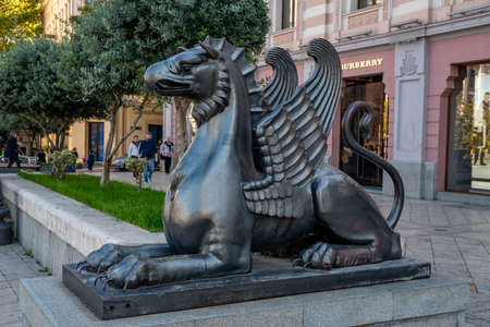 Tbilisi, Georgia - 24 October, 2020: Griffin statue of iranian antique at Freedom square in Tbilisi, travelのeditorial素材