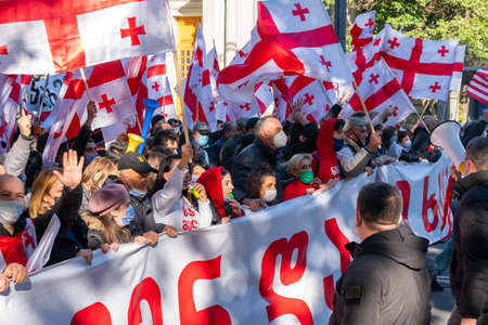 Tbilisi, Georgia - 09 November, 2020: demonstration of protest against Bidzina Ivanishzhili on Rustaveli Avenue, Tbilisiのeditorial素材