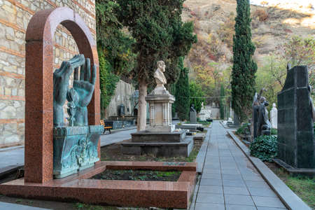 Tbilisi, Georgia - 23 November, 2020: Mtatsminda Pantheon of Writers and Public Figures, cemetery near Mama Daviti churchのeditorial素材