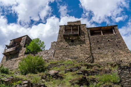 Old Fortress in mountain village Shatili, ruins of medieval castle in Georgia. Heritage of traditional architectureの写真素材