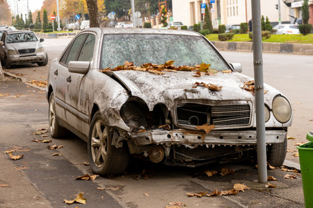 Tbilisi, Georgia - 12 December, 2020: Rusty abandoned car on a city street. Tbilisiのeditorial素材