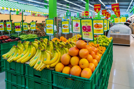 Tbilisi, Georgia - 12 December, 2020: big choice of fresh fruits and vegetables on market counterのeditorial素材