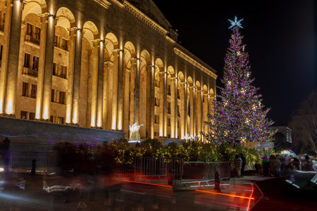 Tbilisi, Georgia - 26 December, 2020: Christmas tree in front of the Parliament of Georgia. New Yearのeditorial素材