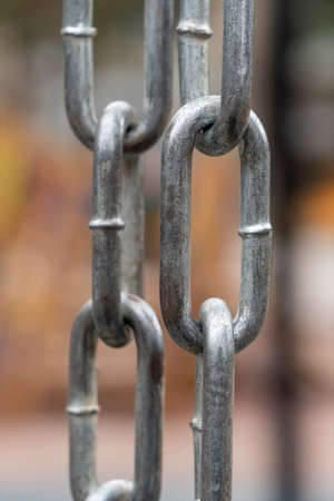 Strong shiny silver chain, outdoors, park background. Objectの写真素材