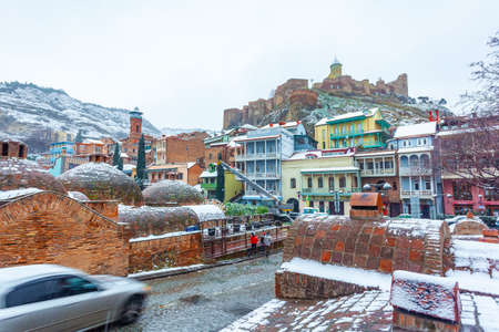 Tbilisi, Georgia - 24 February, 2021: Old Tbilisis with covered snow. Cityscapeのeditorial素材