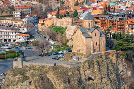Tbilisi, Georgia - 03 April, 2021: Metekhi church and monument of King Vakhtang Gorgasali, travel