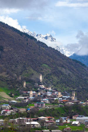 Towers of Mestia village in Svaneti area Caucasus mountains in Georgia. Travel