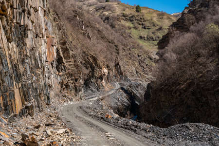 Dangerous rocky road to Ushguli village, Svaneti, Georgia. Travel