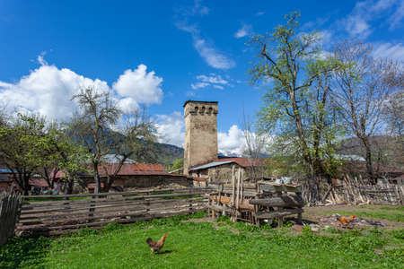 Traditional ancient Svan Towers in Latali village, Svaneti, Caucasus. Traveling in Georgiaの写真素材