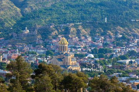 View of Tbilisi with Sameba, Trinity Church and other landmarks, travel