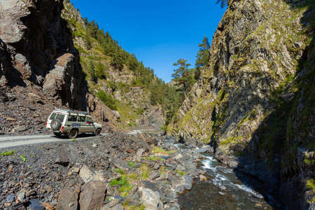Dangerous mountain road in Tusheti, travel across Georgia. Caucasus