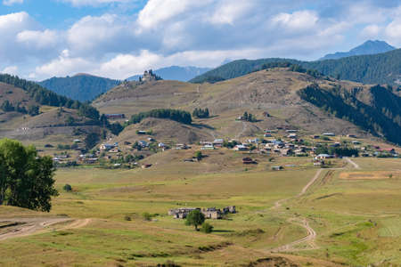 Panoramic view to Omalo mountain village in Tusheti nature reserve. Georgia