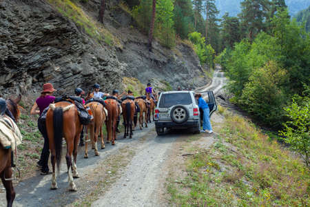Tusheti, Georgia - 23 August, 2021: Horseback riding in the Tusheti mountains. Travelのeditorial素材