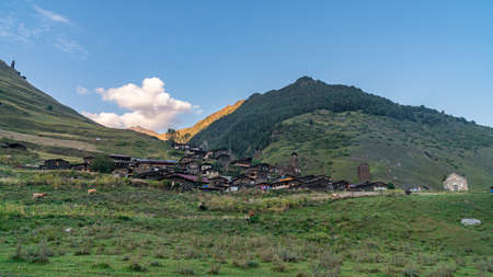 Ancient Georgian Village - Dartlo, Tusheti, Kakheti Region. Stone houses and towers in the national styleの写真素材