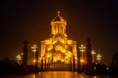 Night view of Holy Trinity Cathedral of Tbilisi (Sameba) - the main cathedral of the Georgian Orthodox Church. Georgia. Religious.の写真素材