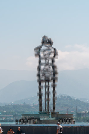 Batumi, Georgia - 30 August, 2022: Moving metal sculpture titled Ali and Nino. Travelのeditorial素材