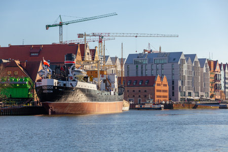 Gdansk, Poland - 11 March, 2022: Beautiful Old town of Gdansk at Motlawa river. Travel
