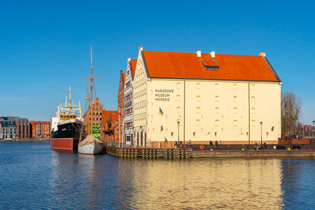 Gdansk, Poland - 11 March, 2022: Beautiful Old town of Gdansk at Motlawa river. Travel